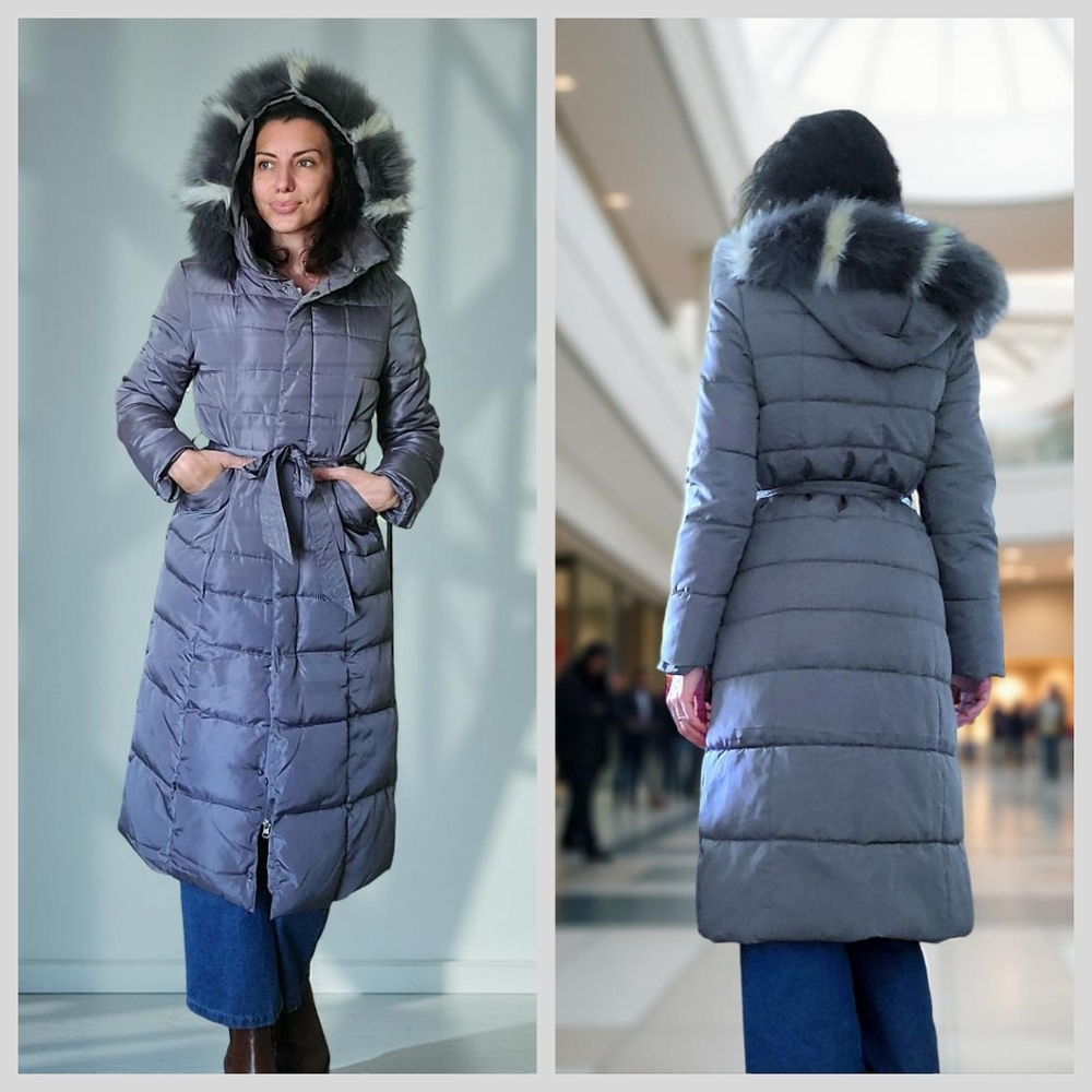 Women's Gray Puffer Midi Coat with Fur Hood